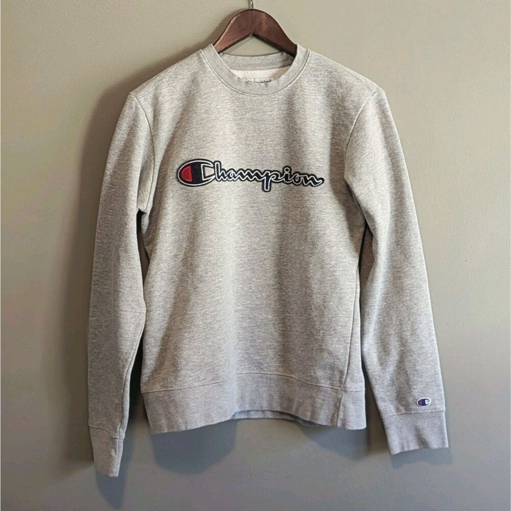 Champion Mens Small Gray Crewneck Sweatshirt Pullover Embroidered Felt Logo Top